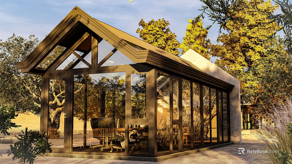 Brown Wooden Frame Glass House With Large Glass Windows Surrounded By Trees And Garden Seating Area 3d model 
