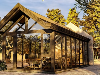 Brown Wooden Frame Glass House With Large Glass Windows Surrounded By Trees And Garden Seating Area 3d model