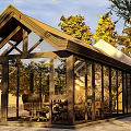 Brown Wooden Frame Glass House With Large Glass Windows Surrounded By Trees And Garden Seating Area