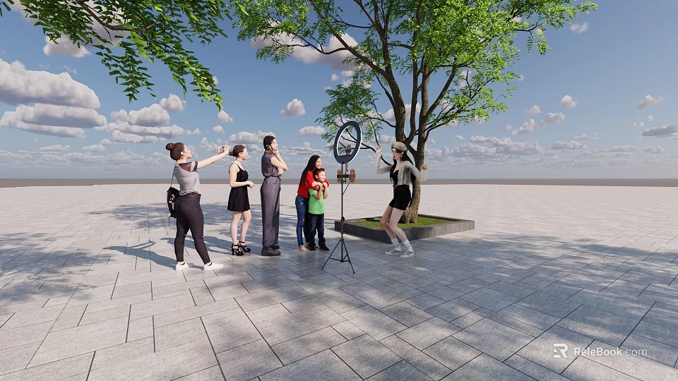 Women Standing Together Outdoor Near Tree With Open Space And Clear Sky 3d model 