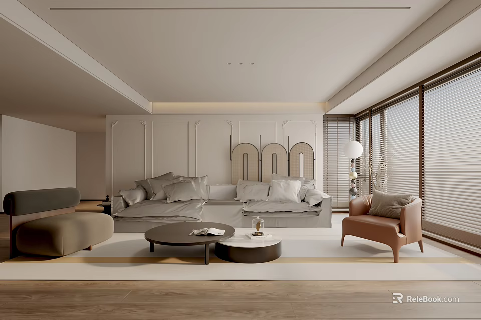 Modern Living Room Interior Design With Gray Sofa Brown Chair And Coffee Table 3d model 