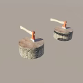 Tree Stumps With Red Axes And Wooden Handles On White Background