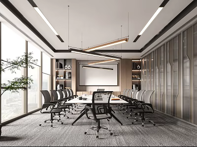 Modern Spacious Conference Room With Large Windows Long Table Comfortable Chairs And Pendant Lights 3d model