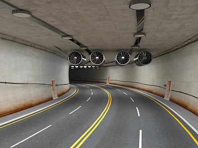 Modern Tunnel Interior With Curved Road Yellow Lines And Ceiling Fans 3d model