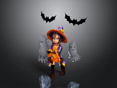 Halloween Themed Scene With Witch Character Bat Decorations And Ghost Figures 3d model