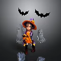 Halloween Themed Scene With Witch Character Bat Decorations And Ghost Figures