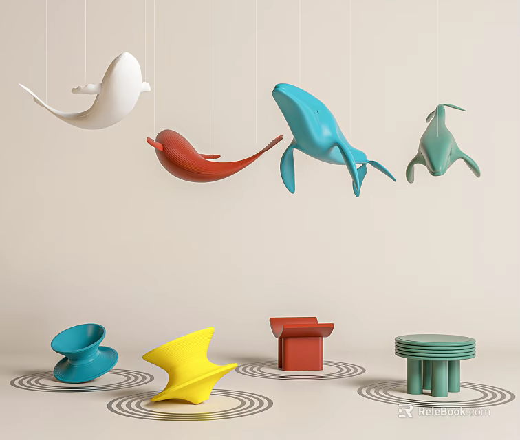 Colorful Children's Chairs With Modern Design And Hanging Whale Decorations 3d model 