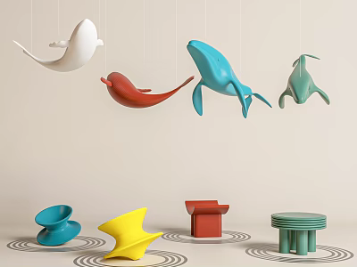 Colorful Children's Chairs With Modern Design And Hanging Whale Decorations 3d model