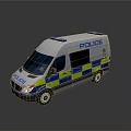White Police Van With Blue Yellow Checkered Pattern And Top Blue Lights