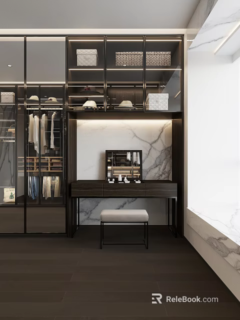 Modern Walk-in Closet Interior Design With Marble Wall Dresser And Hanging Rods 3d model 