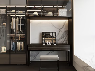 Modern Walk-in Closet Interior Design With Marble Wall Dresser And Hanging Rods 3d model