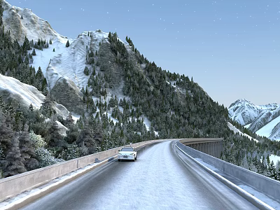 Scenic Snowy Mountain Landscape With Winding Road Evergreen Trees And Car Driving 3d model