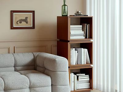 Living Room Decorative Cabinet With Green Bottle Framed Painting Books And Sofa 3d model