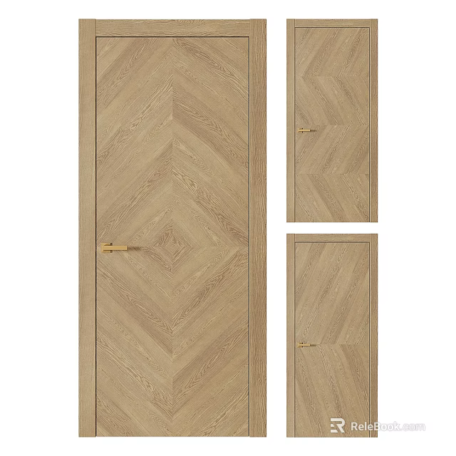 Wooden Hinged Door With Herringbone Pattern Golden Handle And Modern Interior Design 3d model