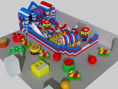 Colorful Building Blocks Play Area With Slide Cartoon Characters And Dice Toys 3d model