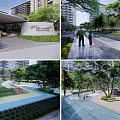 Modern Residential Landscape With High Rise Buildings Green Spaces And Community Pool