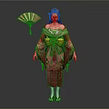 Japanese Female Character In Traditional Kimono With Folding Fan And Floral Patterns