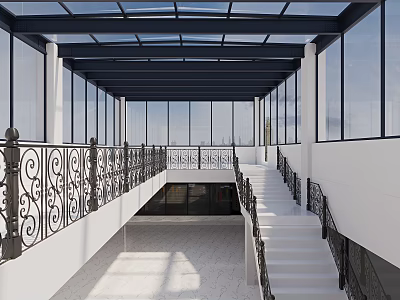 Modern Architectural Space With Glass Roof White Walls Black Wrought Iron Railings And Staircase 3d model