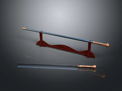 Traditional Metal Sword With Decorative Hilt On Wooden Display Stand And Shiny Blade 3d model