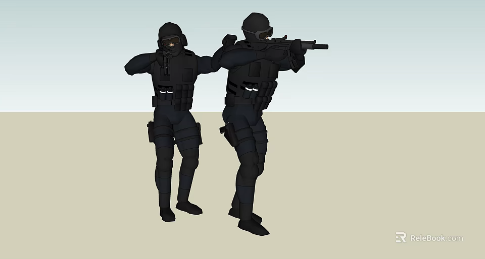 Game And Movie Characters In Black Tactical Gear With Helmets And Rifles 3d model 