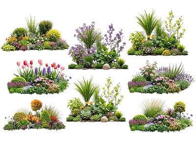Colorful Garden Flowers And Plants With Various Species Shapes And Decorative Stones 3d model