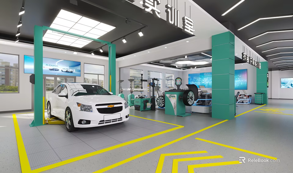 Modern Automotive Specialty Repair Store With White Car Repair Equipment Green Pillars And Yellow Lines 3d model 