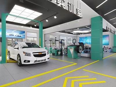 Modern Automotive Specialty Repair Store With White Car Repair Equipment Green Pillars And Yellow Lines 3d model