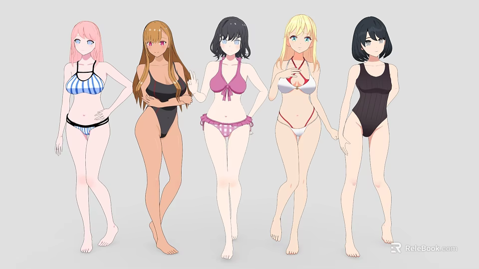 Five Anime Game Female Characters In Various Stylish Swimsuits Standing Together 3d model 