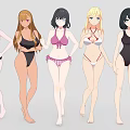 Five Anime Game Female Characters In Various Stylish Swimsuits Standing Together