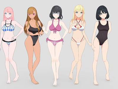 Five Anime Game Female Characters In Various Stylish Swimsuits Standing Together 3d model