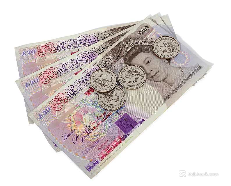 Realistic British Pound Banknotes And Coins Decorative Ornament Set For Home Decoration 3d model 