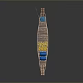 Traditional Wooden Water Transport Boat with Blue Cushions and Yellow Decorations