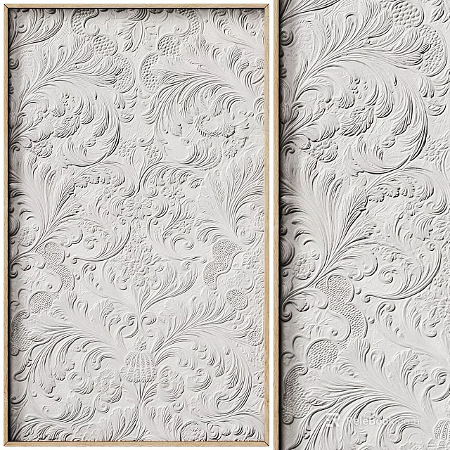 Abstract Painting Featuring Intricate Decorative Relief Scroll And Floral Patterns On Wall 3d model 