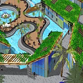 Modern Garden Landscape Design With Green Roofs Curved Water Pools Palm Trees And Fountain