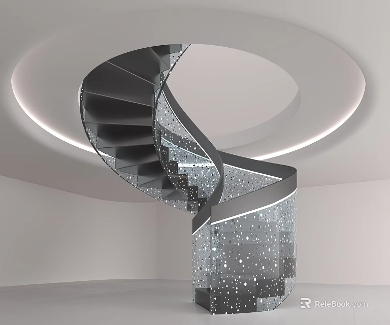 Modern Spiral Staircase Design With Glass Steps Metal Railing And LED Lighting Interior 3d model 