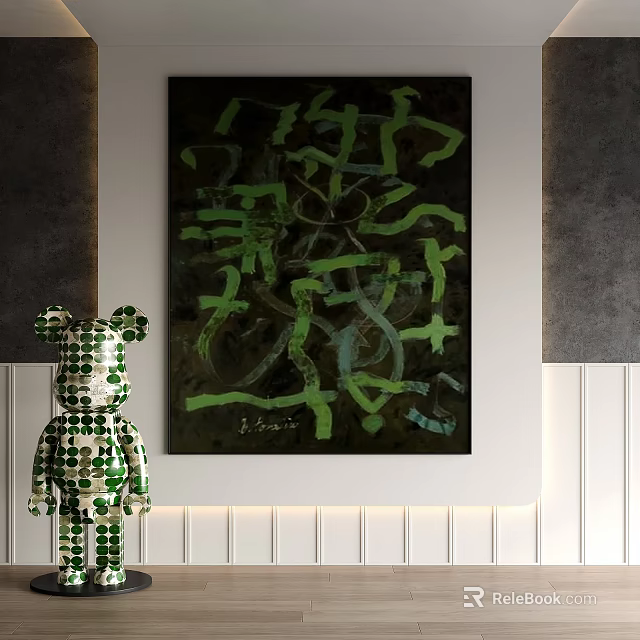Modern Abstract Painting with Green Patterns and Decorative Bearbrick Figure in Room 3d model 