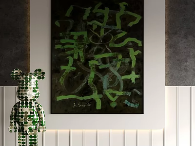 Modern Abstract Painting with Green Patterns and Decorative Bearbrick Figure in Room 3d model