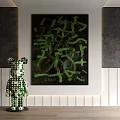 Modern Abstract Painting with Green Patterns and Decorative Bearbrick Figure in Room