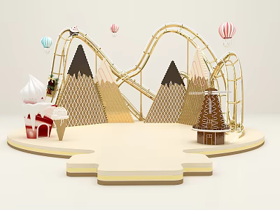 Creative Stage with Golden Roller Coaster Track Mountain Shaped Decor and Colorful Hot Air Balloons 3d model