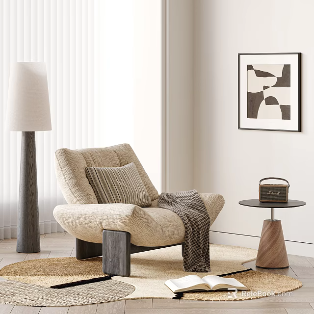 Beige Single Sofa with Striped Cushion Blanket Side Table and Abstract Painting 3d model 