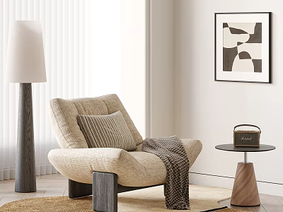 Beige Single Sofa with Striped Cushion Blanket Side Table and Abstract Painting 3d model