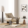 Beige Single Sofa with Striped Cushion Blanket Side Table and Abstract Painting