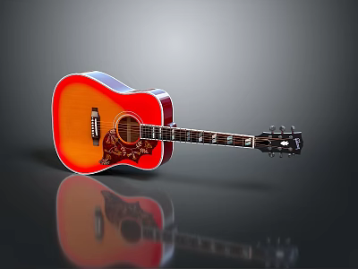 Vibrant Orange Red Acoustic Guitar With Wooden Body Glossy Finish And Intricate Carvings 3d model