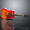 Vibrant Orange Red Acoustic Guitar With Wooden Body Glossy Finish And Intricate Carvings