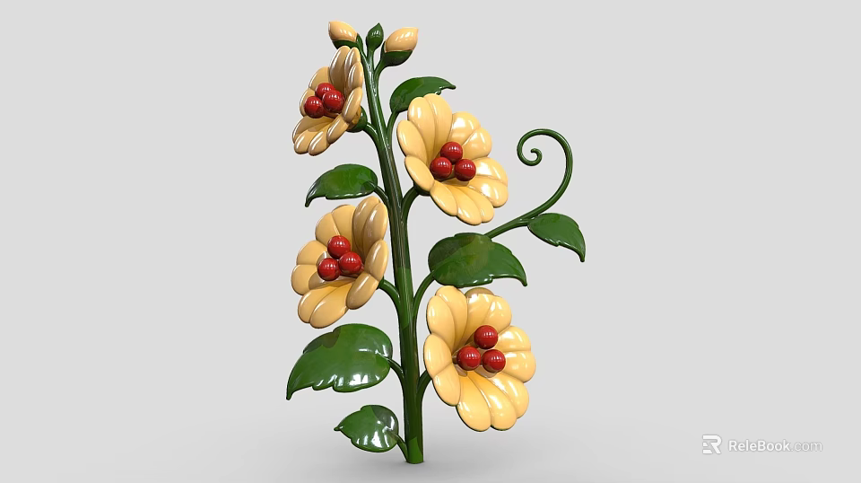 3D Decorative Plant With Yellow Flowers Red Centers Green Leaves And Curved Vine 3d model 