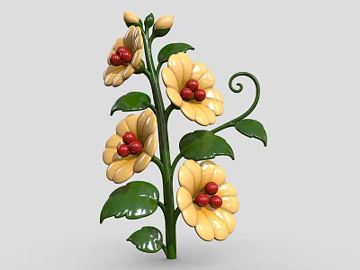 3D Decorative Plant With Yellow Flowers Red Centers Green Leaves And Curved Vine 3d model