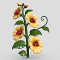 3D Decorative Plant With Yellow Flowers Red Centers Green Leaves And Curved Vine