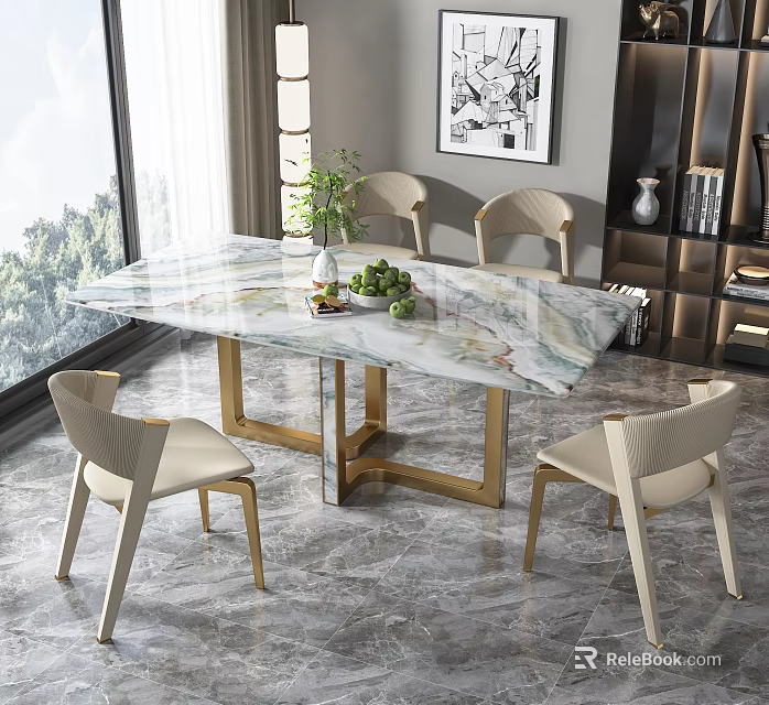 Modern Dining Table Set With Marble Tabletop Gold Metal Legs And Light Colored Chairs 3d model
