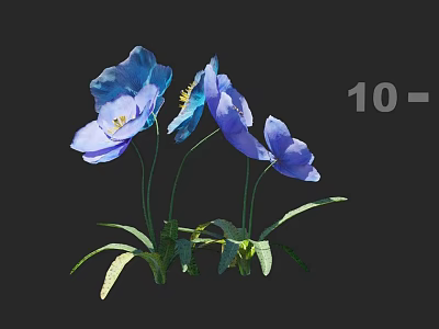 Four Blue Poppies In Vase With Green Stems And Black Background 3d model
