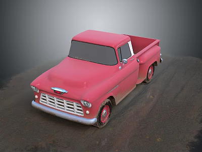 Red Vintage Pickup Truck With Old Appearance Front Grille And Wheels On Rough Ground 3d model
